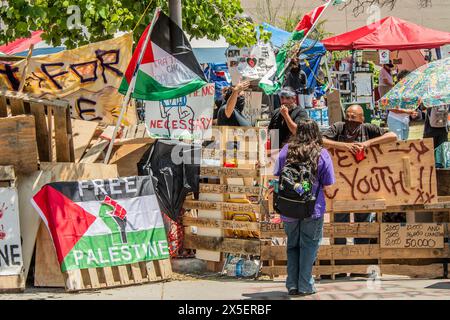 Los Angeles, Stati Uniti. 8 maggio 2024. Un gruppo chiamato studenti per la giustizia palestinese istituì il campo con l'obiettivo di difendere Gaza; alcuni studenti universitari si lamentarono del blocco delle aree del campus. Le autorità della California State University di Los Angeles hanno rilasciato una dichiarazione in cui hanno espresso che, mentre sostengono la libertà di espressione, le manifestazioni sono state associate a graffiti, compresi messaggi antisemiti, oltre a un blocco dell'accesso al campus. (Foto di Alberto Sibaja/Pacific Press) credito: Pacific Press Media Production Corp./Alamy Live News Foto Stock