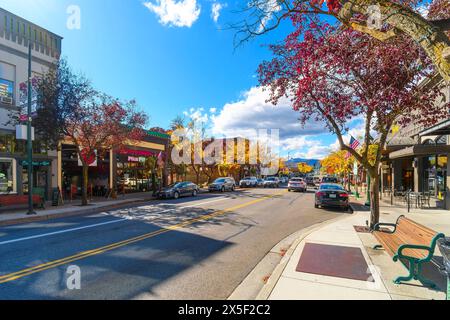 Negozi e caffè in Sherman Street, nella zona centrale sul lago della città rurale di montagna di Coeur d'Alene in autunno. Foto Stock