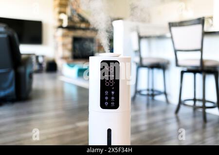 Un umidificatore al lavoro all'interno di una casa moderna, con display digitale che mostra i livelli di temperatura e umidità. Foto Stock