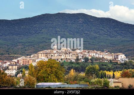 La città di Cáseda è di origine medievale ed era strategicamente situata al confine con l'Aragona ed è stata costruita come borgo difensivo. Foto Stock