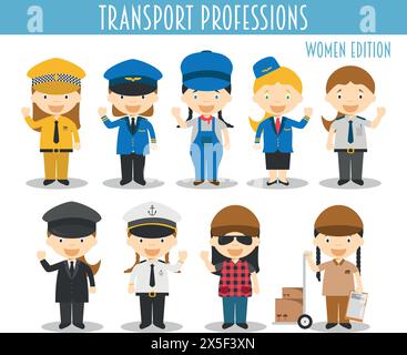 Set vettoriale di professioni di trasporto in stile cartoni animati. Edizione femminile. Illustrazione Vettoriale