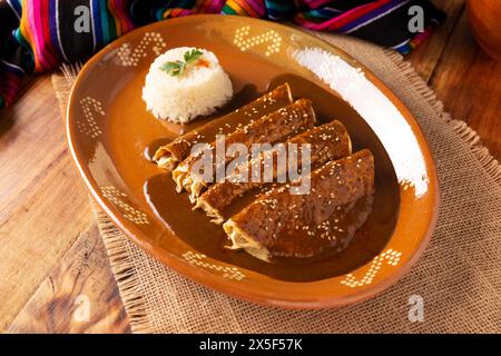 Enmoladas di pollo. Conosciuti anche come mole poblano enchiladas, sono un tipico piatto messicano che è molto popolare in Messico e nel resto del mondo. Foto Stock