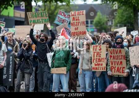 Utrecht, Paesi Bassi, 8 maggio 2024, studenti che protestano per una Palestina libera e contro la violenza della polizia a Domplein, con bandiere e canti, ZNM Photography Foto Stock