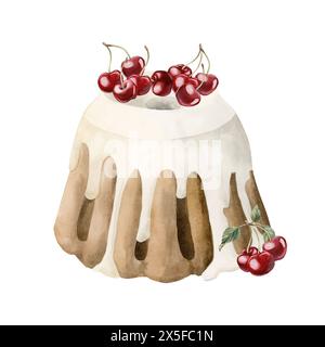 Torta con glassa bianca e ciliegie fresche. Illustrazione disegnata a mano con acquerello isolata su sfondo bianco per la progettazione di prodotti da forno e dolciumi, c Foto Stock