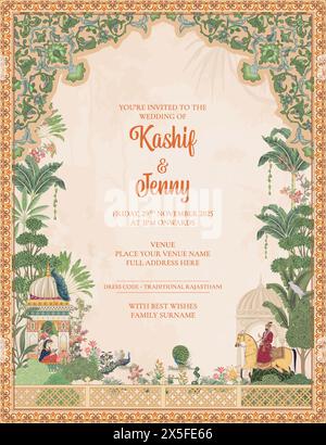 Design della carta d'invito per matrimoni moghul. Biglietto d'invito per matrimoni indiani Mughal per la stampa di illustrazioni vettoriali Illustrazione Vettoriale