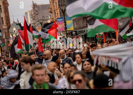 Malmö, giovedì 9 maggio 2024. Manifestazione contro la partecipazione di Israele all'Eurovisione a Malmö, giovedì 9 maggio 2024. Israele partecipa alla seconda semifinale del concorso di canto giovedì. (Foto: IDA Marie Odgaard/Ritzau Scanpix) credito: Ritzau/Alamy Live News Foto Stock