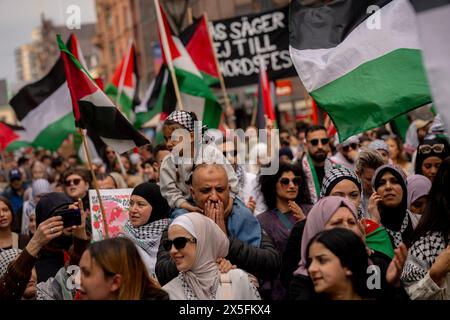 Malmö, giovedì 9 maggio 2024. Manifestazione contro la partecipazione di Israele all'Eurovisione a Malmö, giovedì 9 maggio 2024. Israele partecipa alla seconda semifinale del concorso di canto giovedì. (Foto: IDA Marie Odgaard/Ritzau Scanpix) credito: Ritzau/Alamy Live News Foto Stock