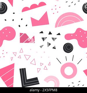 Forme geometriche astratte pattern senza cuciture. Vettoriale disegnato a mano varie forme e oggetti scarabocchiati. Modello astratto di stile moderno contemporaneo. Elegante illustrazione rosa. Stampigliatura. Illustrazione Vettoriale