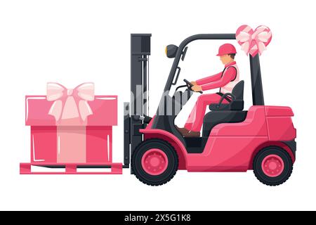 Lavoratore industriale che guida un carrello elevatore rosa con una confezione regalo per San Valentino. Campagna logistica per il caricamento e la spedizione di merci molto richieste Illustrazione Vettoriale