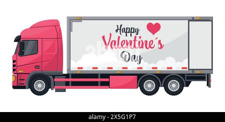 Furgone portacontainer rosa con messaggio di buon San Valentino . Campagna logistica per il caricamento e la spedizione di merci molto richieste per San Valentino Illustrazione Vettoriale