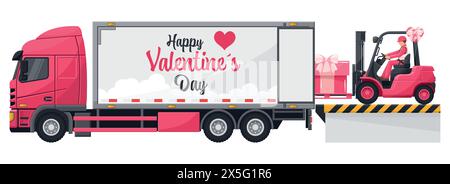 Lavoratore industriale che guida un carrello elevatore rosa che carica scatole regalo su un camion container per festeggiare San Valentino. Campagna logistica per il carico e la spedizione Illustrazione Vettoriale