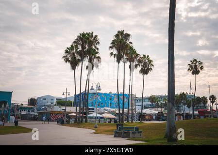 Venice Beach, Los Angeles Overcast Day Scene con palme, graffiti e un'atmosfera vibrante Foto Stock