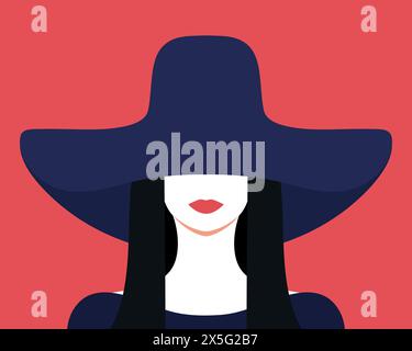 Ritratto astratto di una donna bruna in un cappello. Donna elegante con cappello che copre gli occhi. Ritratto senza volto. Illustrazione vettoriale Illustrazione Vettoriale