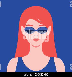 Giovane donna rossa che indossa occhiali da sole. Ritratto o avatar di una giovane donna con i capelli rossi in occhiali da sole. Illustrazione vettoriale Illustrazione Vettoriale