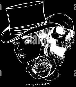 silhouette bianca del teschio di zucchero da donna con cappello e disegno a forma di rosa vettoriale su sfondo nero Illustrazione Vettoriale