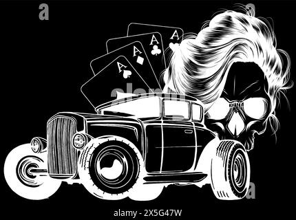 silhouette bianca di hot rod con teschio della donna e disegno vettoriale degli assi del poker su sfondo nero Illustrazione Vettoriale