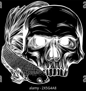 silhouette bianca del cranio umano con illustrazione vettoriale di pesce betta su sfondo nero Illustrazione Vettoriale