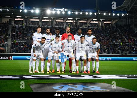 Formazione dell'Olympique Marsiglia durante la semifinale di UEFA Europa League tra Atalanta BC e Olympique Marsiglia il 9 maggio 2024 allo stadio Gewiss di Bergamo. Crediti: Tiziano Ballabio Foto Stock