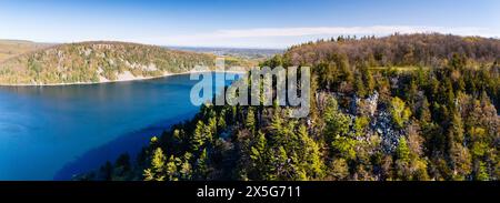 Fotografia panoramica aerea di East Bluff, Devils Lake State Park, vicino a Baraboo, Sauk County, Wisconsin, Stati Uniti. Foto Stock