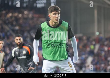 Bergamo, Italia, 9 maggio 2024. Leonardo Balerdi (Olympique de Marseille) durante la partita di calcio dell'Europa League tra Atalanta e Marsiglia allo Stadio Gewiss il 9 maggio 2024 a Bergamo. Crediti: Stefano Nicoli/Speed Media/Alamy Live News Foto Stock