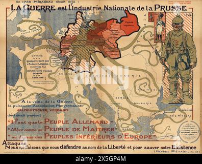 Mappa dei poster della prima guerra mondiale in francese d'epoca: "La guerra è l'industria nazionale della Prussia. "Attaccati, stiamo combattendo in nome della libertà." Guerra mondiale un manifesto di propaganda francese di Maurice Neumont, con l'Impero tedesco di Prussia raffigurato come un polpo i cui tentacoli stanno raggiungendo l'Europa Foto Stock