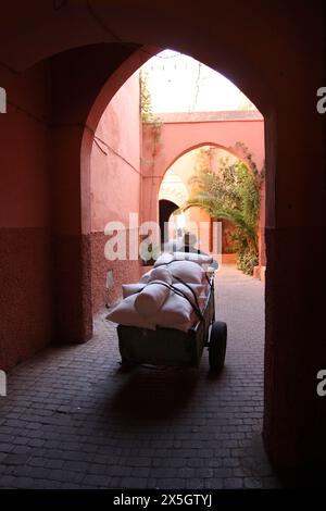 Scene di strada da Marrakech in Marocco, tra cui vicoli tortuosi attraverso il suk e il Jemma el Fnaa al tramonto Foto Stock