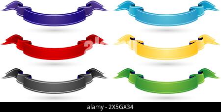 Set di nastri colorati su uno sfondo bianco isolato per striscioni, ponti, collage, scenografie, interfaccia utente, campagne di branding o identità Illustrazione Vettoriale