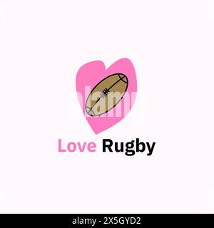 Logo Love Shape con una palla da rugby al centro. Illustrazione Vettoriale