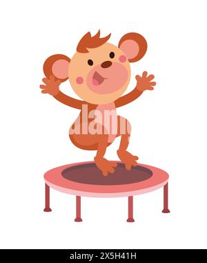 Simpatica scimmia che salta sul trampolino. Personaggi dei cartoni animati. Illustrazione vettoriale isolata su sfondo bianco. Illustrazione Vettoriale