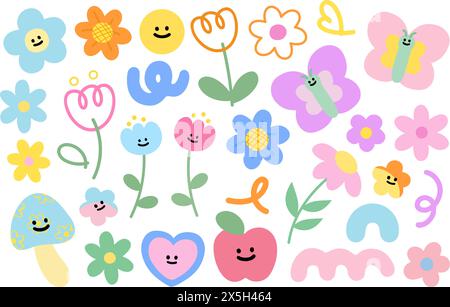 Illustrazioni di fiori pastello come fiori, farfalle, funghi, mele, sorrisi, tulipani, coriandoli per la primavera, l'estate, picnic, adesivi, logo, icona, annuncio Illustrazione Vettoriale