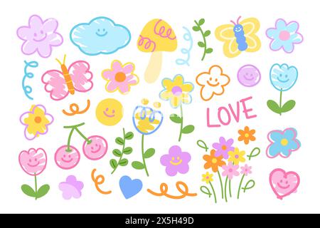 Blossom illustrazioni di fiori come fiori, farfalle, funghi, ciliegie, sorrisi, tulipani, cuore, foglie verdi, lettere D'AMORE per la primavera, l'estate, il picnic Illustrazione Vettoriale