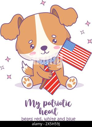 Bel cane che indossa la cravatta e tiene in mano la bandiera americana. Carta del 4 luglio American Independence Day. Cartoni animati festosi kawaii carattere animale patriottico con Illustrazione Vettoriale