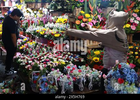 Città del Messico, Messico. 9 maggio 2024. Un uomo sceglie composizioni floreali al mercato Jamaiquita di Iztapalapa che vengono offerte alle persone prima delle celebrazioni della festa della mamma. Il 9 maggio 2024 a città del Messico, Messico. (Foto di Carlos Santiago/ Eyepix Group/Sipa USA) credito: SIPA USA/Alamy Live News Foto Stock