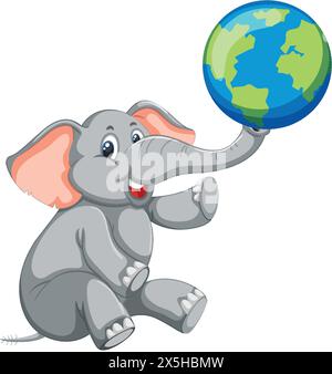 Elefante cartoni animati che regge giocosamente un globo mondiale Illustrazione Vettoriale