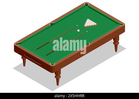 Tavolo da biliardo isometrico isolato su sfondo bianco. Tavolo da biliardo con superficie verde e palline nel club da biliardo. Gioco a biliardo. Biliardo snooker Illustrazione Vettoriale