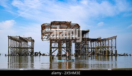 Brighton Regno Unito 10 maggio 2024 - Un paddle boarder con un paio di passeggeri canini gode di una calda mattinata di sole a Brighton presso il West Pier, dato che le temperature previste raggiungeranno i 26 gradi in alcune parti della Gran Bretagna: Credit Simon Dack / Alamy Live News Foto Stock