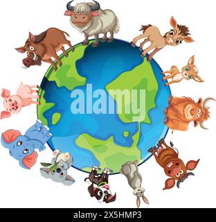 Animali cartoni animati su un globo, che rappresentano la diversità Illustrazione Vettoriale