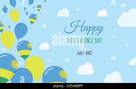 Poster patriottico scintillante del Ruanda Independence Day. Fila di palloncini nei colori della bandiera ruandese. Biglietto di auguri con bandiere nazionali, Skyes blu e C. Illustrazione Vettoriale