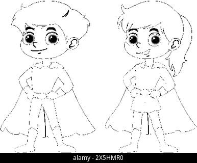 Due bambini cartoni animati vestiti da supereroi Illustrazione Vettoriale