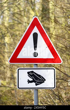 Warnschild zur Krötenwanderung a Scharbeutz, Schleswig-Holstein, Deutschland Foto Stock