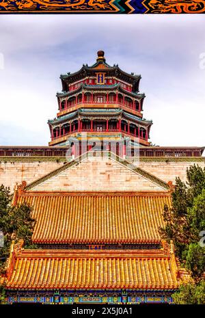 Longevity Hill, Torre della fragranza del Buddha, Palazzo d'Estate, Pechino, Cina. I caratteri cinesi dicono Buddha Fragrance Tower Foto Stock