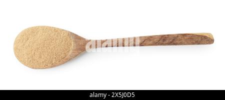 Fibra alimentare. Polvere di buccia di psico in cucchiaio isolato su bianco, vista dall'alto Foto Stock