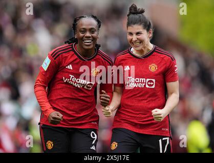 Foto del file datata 14-04-2024 del Melvine Malard (a sinistra) del Manchester United e Lucia Garcia che festeggiano. Il Manchester United ha raggiunto la sua seconda finale di fa Cup in modo storico dopo aver battuto il Chelsea 2-1 in semifinale. Data di pubblicazione: Venerdì 10 maggio 2024. Foto Stock