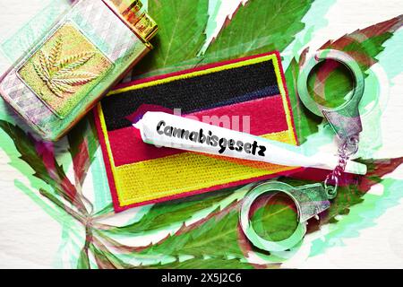 FOTOMONTAGE, Joint mit Aufschrift Cannabisgesetz und Deutschland-Fahne auf Cannabis-Blatt mit Handschellen Foto Stock