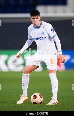 Bergamo, Italia. 9 maggio 2024. Leonardo Balerdi Olympique de Marseille in azione durante la semifinale di UEFA Europa League contro l'Atalanta BC e l'Olympique de Marseille. Crediti: Nicolò campo/Alamy Live News Foto Stock