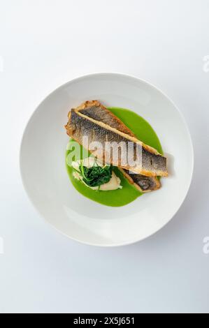 pesce alla griglia con verdure e salsa Foto Stock