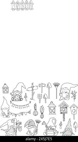 Il set di illustrazioni Gnome e Garden Object in formato vettoriale è perfetto per le attività di colorazione Illustrazione Vettoriale