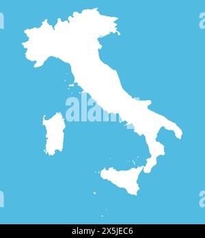 Silhouette bianca dell'Italia su sfondo blu. Illustrazione della mappa del paese europeo. Foto Stock