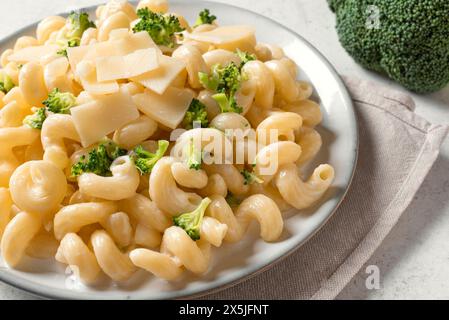 Pasta Cavatappi Alfredo fatta in casa con Broccoli da vicino. Cremosa pasta vegana vegetariana con broccoli e parmigiano. Foto Stock