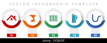 Set di icone per servizi domestici, varie icone vettoriali come casa, trapano, energia solare, tetto e canaline, modello infografico di design moderno, WE Illustrazione Vettoriale